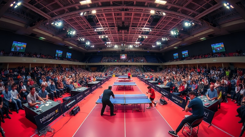 공식 탁구 경기장에서 진행되는 국제 대회의 전경