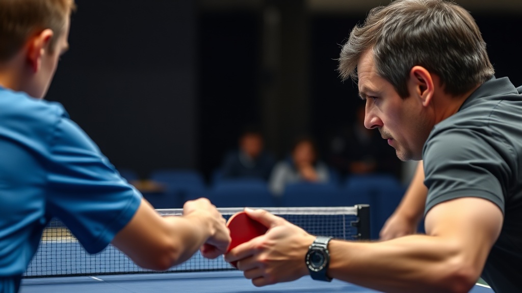 탁구 경기 중 심판이 반칙 여부를 판정하고 있는 장면