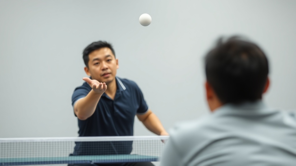 탁구 선수가 규정에 맞게 서브를 넣기 위해 공을 토스하는 장면